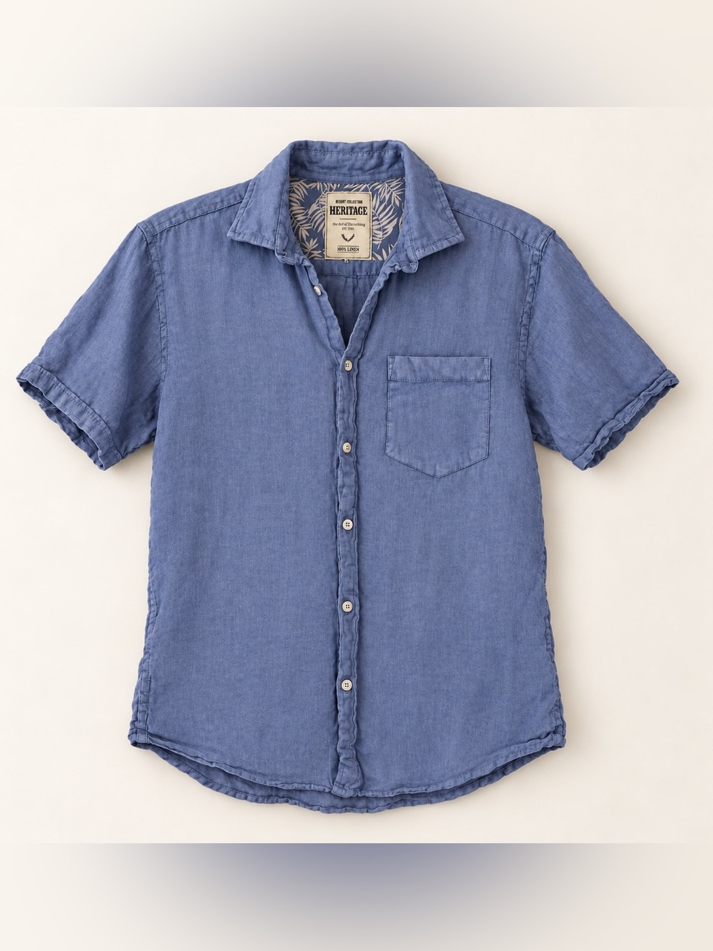 Report Collection Heritage Men's L Blue 100% Linen Short Sleeve Shirt